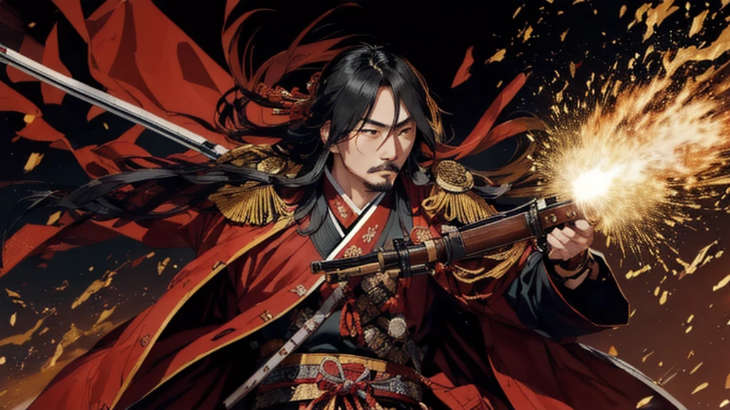 Oda Nobunaga dressed in traditional samurai armor, holding a matchlock rifle, symbolizing his use of firearms in battle. He is in a battlefield setting, with other samurai soldiers behind him, also wielding rifles, engaging in a fierce battle.