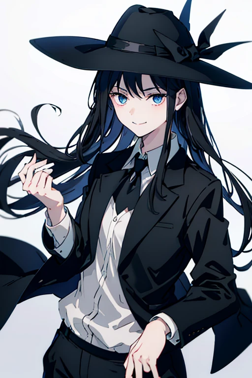 Long straight black hair，blue eyes，Sharp eyes，Smiling，Wearing black formal suit、white lining、Female magician in black trousers，Holding a black hat in one hand，The other hand held a semi-automatic pistol.，Bowing on stage