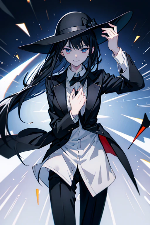 Long straight black hair,blue eyes,Sharp eyes,Smiling,Wearing black formal suit、white lining、Female magician in black trousers,Holding a black hat in one hand,The other hand held a semi-automatic pistol.,Bowing on stage
