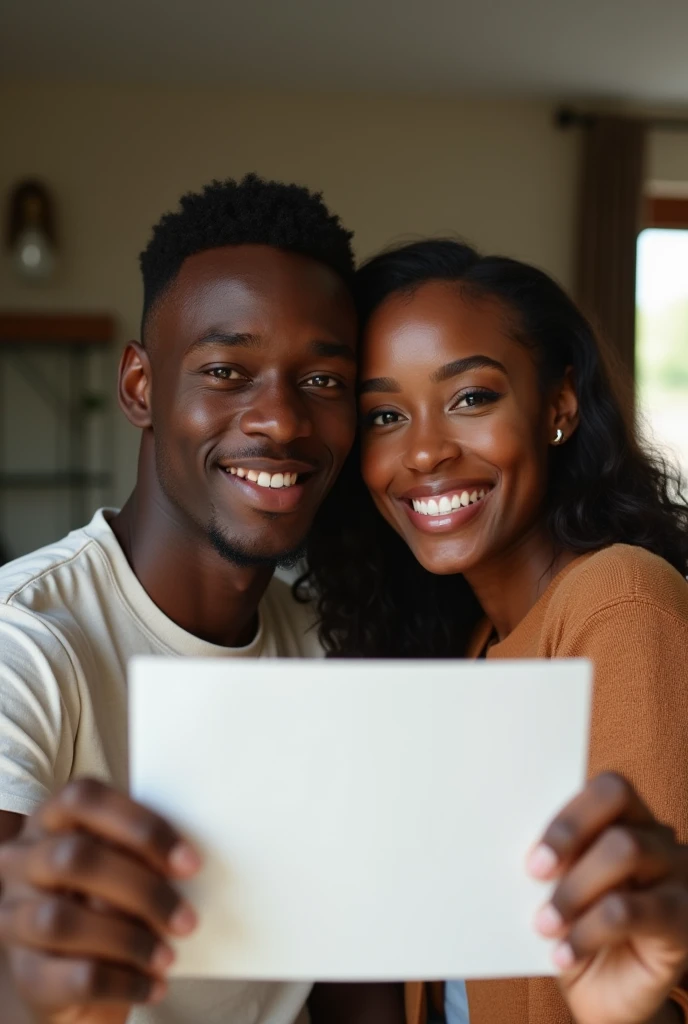 (photorealism:1.2),
An african american young straight couple are taking a selfie at home, american style. They are brown, with common smiling face and expressive eyes. The man have short hair. They are holding a blank small poster. Deep depht of field. Sharp focus.