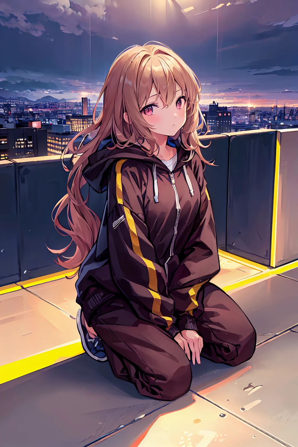 Woman in hoodie, Tracksuit Pants, Brown Hair，Shortcuts，Small breasts，Flat chest，Sitting on the edge of the roof, Over-the-shoulder shot, In the city, at night, Night view，City skyline, Neon Light Sunset, Watching the sunset, Lo-Fi, Warm colors, Wind, avert your eyes, The golden retriever dog sitting next to her, I can't see the floor，((Highest quality)), (Very detailed), (High-definition CG synthesis 8k wallpaper), 高いly detailed,  高い-definition raw colbor photos, Professional photography,  Written boundary depth,
