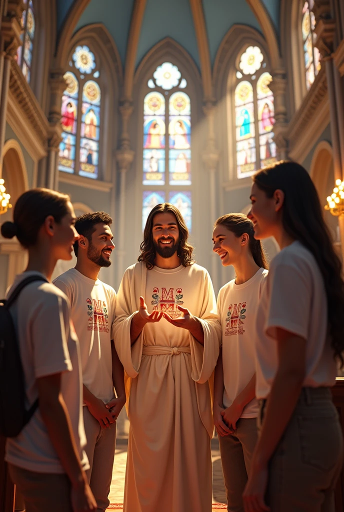 (best quality,4k,8k,highres,masterpiece:1.2),ultra-detailed,(realistic,photorealistic,photo-realistic:1.37),cathedral interior,young people in catholic church,JMC logo shirts,smiling conversing with Jesus Christ and Mary,intricate religious details,stained glass windows,ornate architecture,warm lighting,religious iconography,serene atmosphere