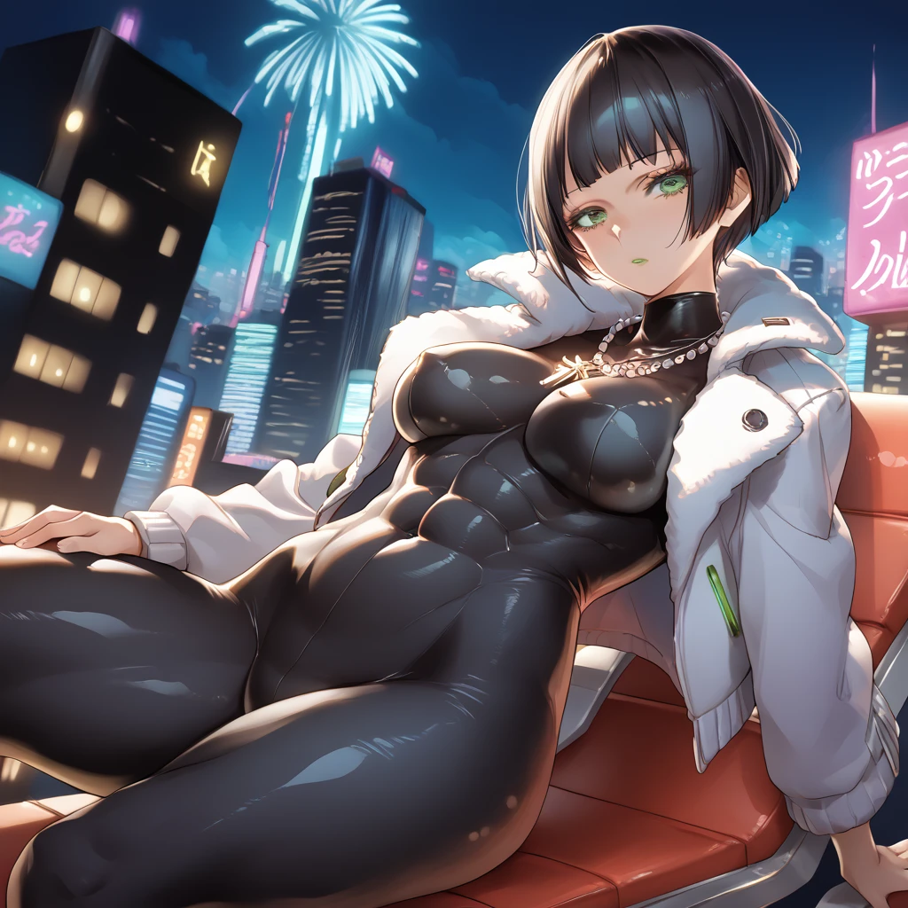 (SAFE FOR WORK) Yusuke Murata style, intricate details, intricate clothes lining, volumetric lighting, low angle, 1 female, Fubuki, sexy face, longer face, short black hair, fully lidded eyes, green eyes, puckered lips, no lipstick, slim/toned body, extremely slim waist, toned abs, perfect firm breasts, skin tight, black body suit, white fur jacket, l necklace, sitting on lounge chair, night, detailed city background, futuristic city, penthouse, lots of skyscrapers, Tokyo, neon lights, starts, thick thighs,