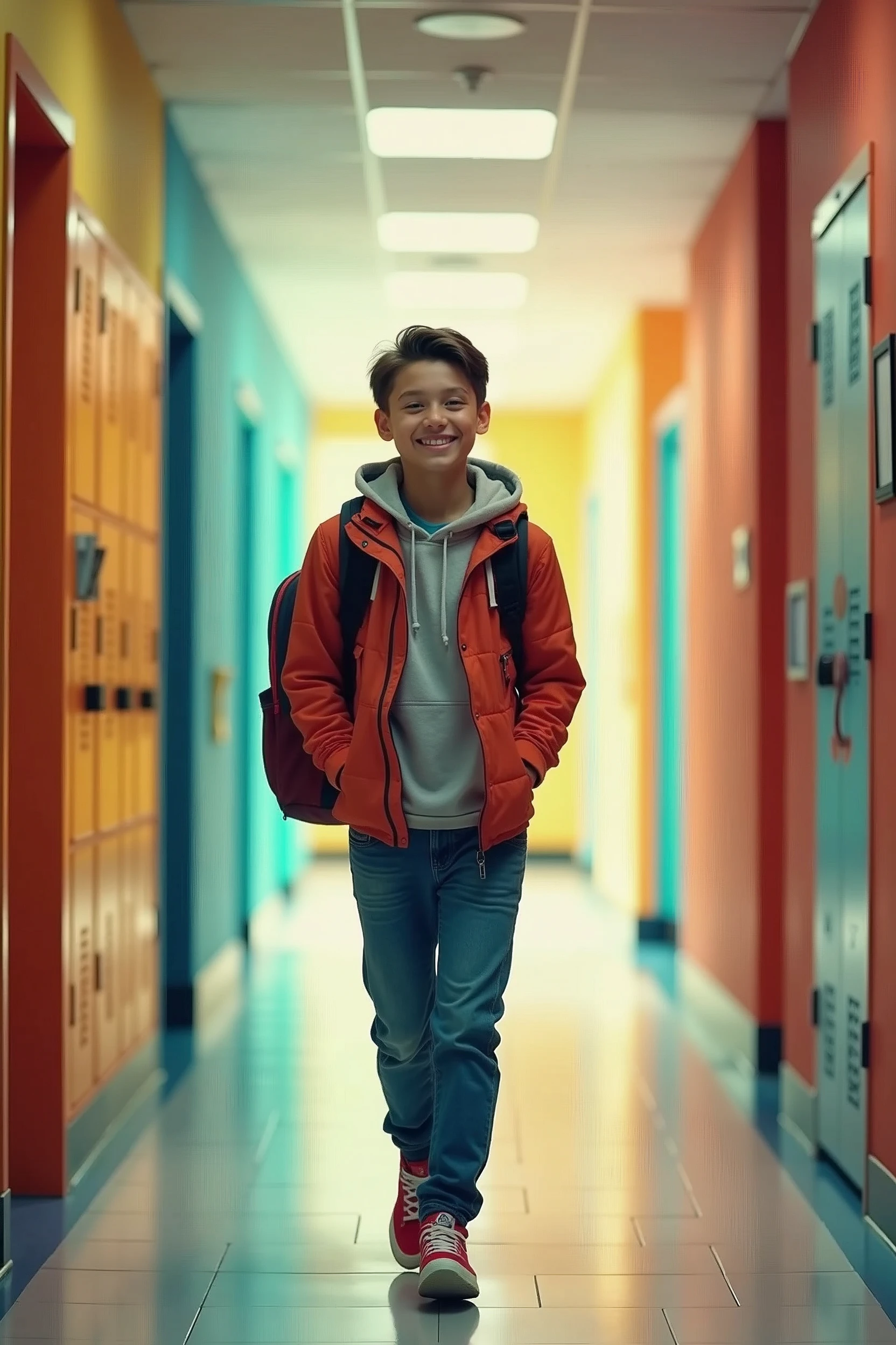 Create an image of a single student excitedly returning to school. The student must be carrying exactly one backpack and walking through the school hallway, with hands in pockets (ensuring hands are not visible). The hallway should be vibrant and colorful, with lockers and classroom doors visible in the background. The student should be smiling and looking forward with anticipation. EasyNegative, (worst quality, low quality:1.4), (((deformed))), distortions in the hands, face, and other parts, more than 1 character, more than 1 backpack, hands visible
