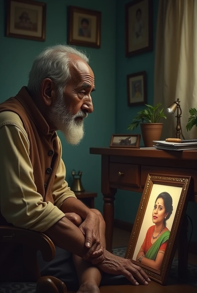 Seen :an old person remembering his late wife and thinking that i don't know you will be no more one day.Hislate wife picture is in front of him in a photo frame.A very emotional seen. Make an image of it.make it simple not larger than life.The picture should be an indian.