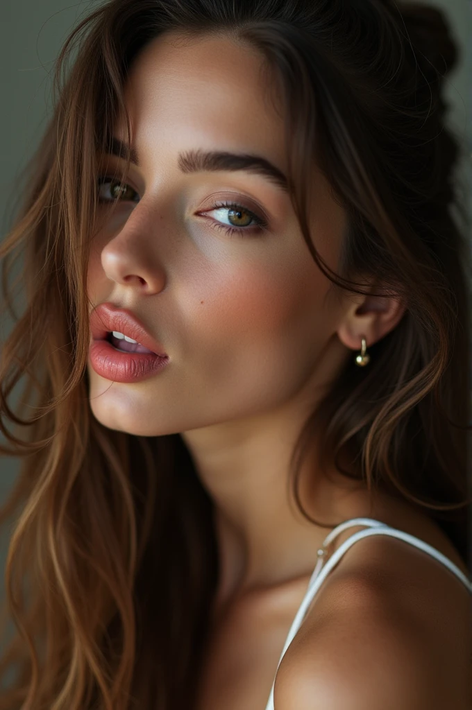 arafed woman with long brown hair blowing a kiss on her lips, lucy hale, thick lips, profile image, pokimane, licking out, small heart - shaped face, hailee steinfeld, cute pout, tongue out, heart shaped face, dua lipa, she has a cute face, kat dennings, isabela moner, pouty lips, covered in cum