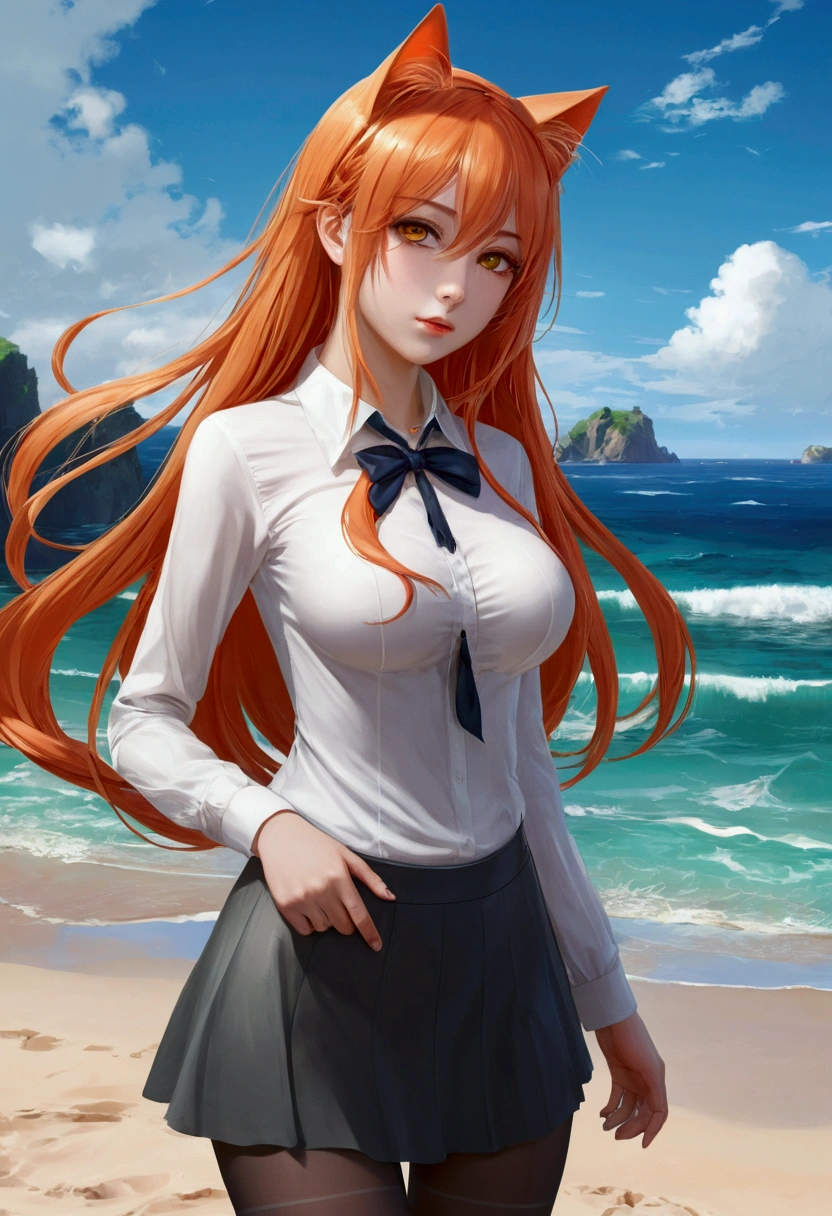 anime girl with long orange hair standing on beach near ocean, green eyes detailed digital anime art, cat ears, , anime girl with long hair, smooth anime cg art, anime girl with long hair, average breast size, digital anime art, artwork in the style of guweiz, beautiful anime portrait, photorealistic anime girl render, beautiful anime girl, advanced digital anime art, pantyhose, guweiz on artstation pixiv upscale HD UHD HQ