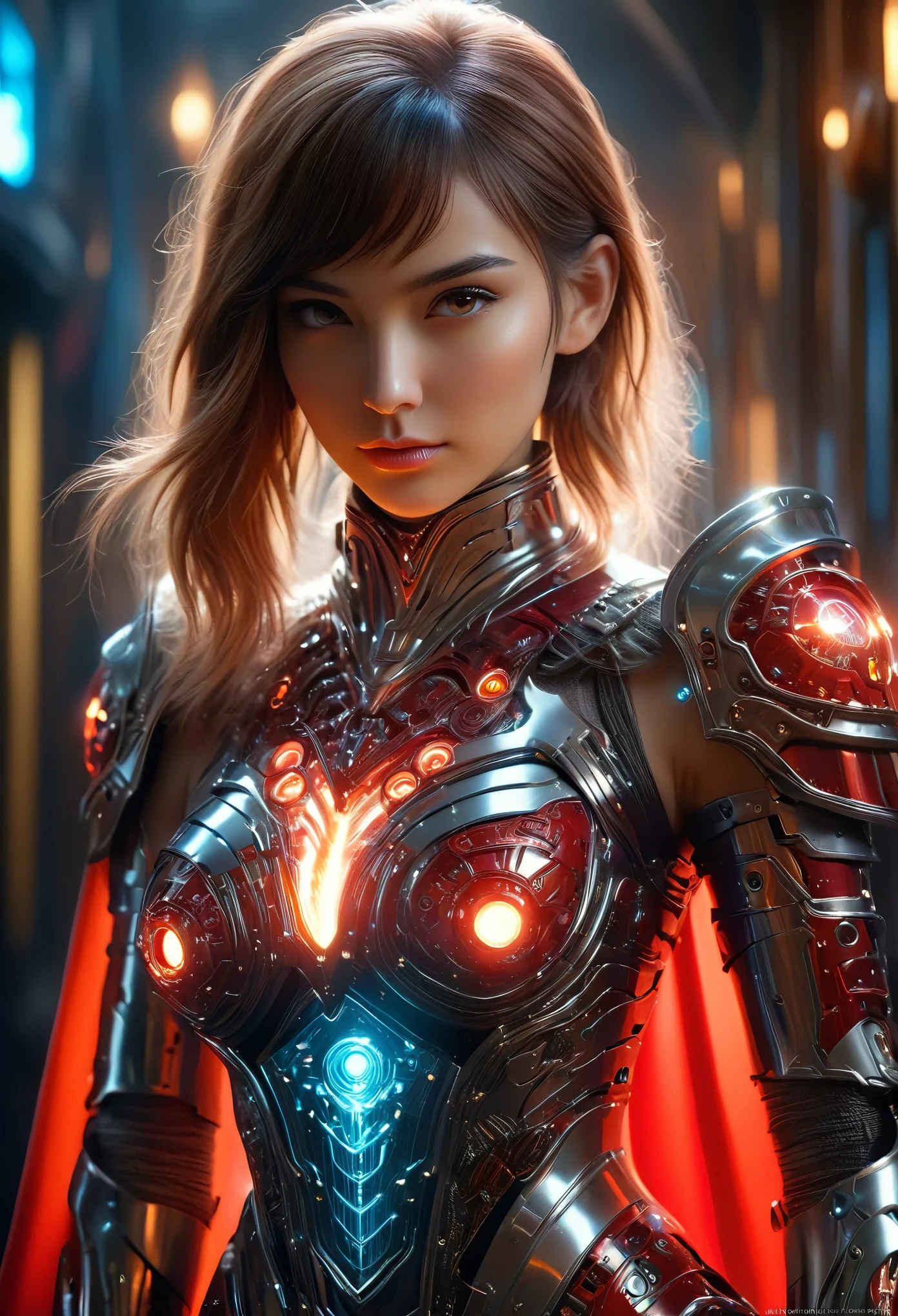(Best Quality, 4K, 8K, High Resolution, Masterpiece: 1.2), (Super Detailed, Realistic, Photorealistic:1.37), A woman in futuristic clothing, (erotic and sexy:1.4), Trending on cgstation, Trending on cgstation, (Portrait of a girl in the Knights of the Zodiac:1.4), (blunt bangs:1.7), Cute Cyborg Girl, Perfect android girl, Portrait Astronaut Girl, Beautiful girl cyborg, Girl wearing iridescent red mechanical cyber armor, Game CG, cgsociety and fenghua zhong, Beautiful Cyborg Shrine Maiden, Bioluminescence, (Gal Gadot:0.6), Anatomically correct grip, Anatomically correct four fingers and one thumb, (long claws:1.4), erotic and sexy, A gorgeous cape with beautifully detailed embroidery