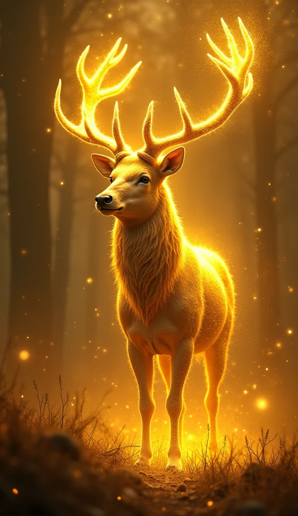 牡鹿,Fantastic fantasy,Glowing in gold,Moody Color,Golden glitter background