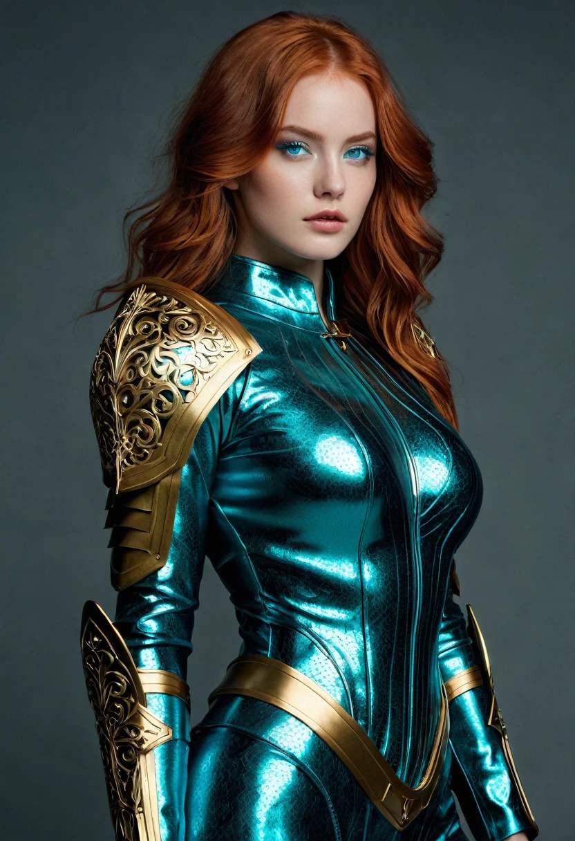 full body woman, Photoshoot., whole body, full body shot, standing, nipple, White skin, normal body type, ((Best Quality)), ((masterpiece)), (detailed), perfect face, perfect body, perfect hands, perfect feet,(realist, : 1.4), Photo original, (textura standingl real),(film grain),(8k, unedited photo, Best Quality, masterpiece: 1.2), (realist, fotorrealist: 1.4), (fondo de pantalla CG unity 8k extremadamente detailed), A full body woman (Rogue:1.1) dressed dorada, tipo lencería in gold (Golden), (armor: 1.3 ), metal armor, (metal liquido), (golden and obsidian), (incredibly detailed: 1,5), golden and (obsidian: 1,5), Greg Rutkowski concept art, artegerm, arte gótico hiperdetailed e intrincadamente detailed de tendencia en Artstation, Fantastic and intricate detail (small blue reflections: 1), (redhead, wavy coat, (turquoise eyes (Flashing), high collection: 1.4))