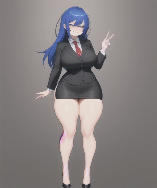 adult woman, solo, long royal blue hair, hair bangs, standing, black blazer, white shirt, red tie, black pencil skirt, busty, thick thighs, wide ????, big soft thighs, shapely legs, black high heels, full body shown, white background,simple eyes, long fingernails, thick thighs pressed together, smug face, smug, smirk, teasing, blue eyes, entire body shown
