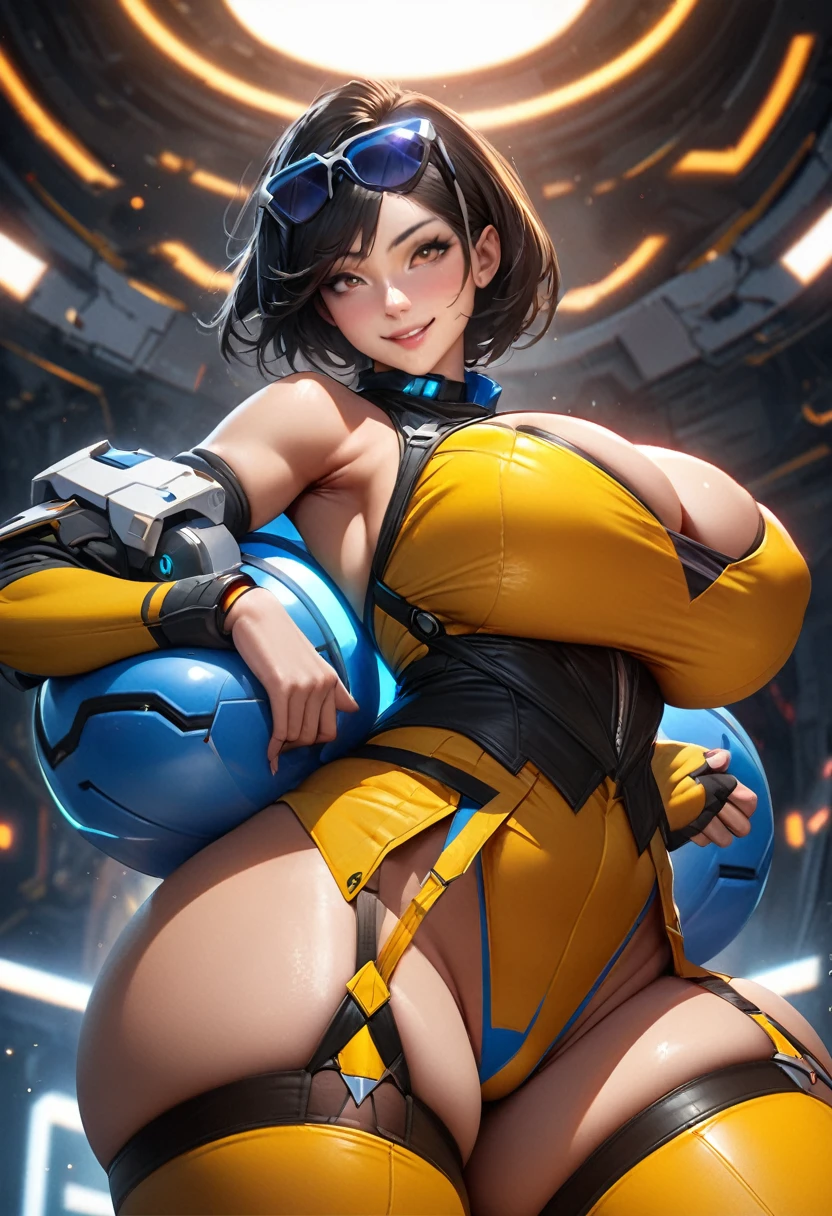 Rain Mikamura,yellow headband,perfect hands, perfect finger,perfect anatomy, masterpiece, best quality,realistic, hyperrealistic, 16k hdr,1girl, large breasts,erected nipples,brown hair, medium hair,green eyes,mobile trace suit, shoulder armor,pink and black bodysuit,sexy pose, upper body, cockpit,from above,red blush,smile,spread legs