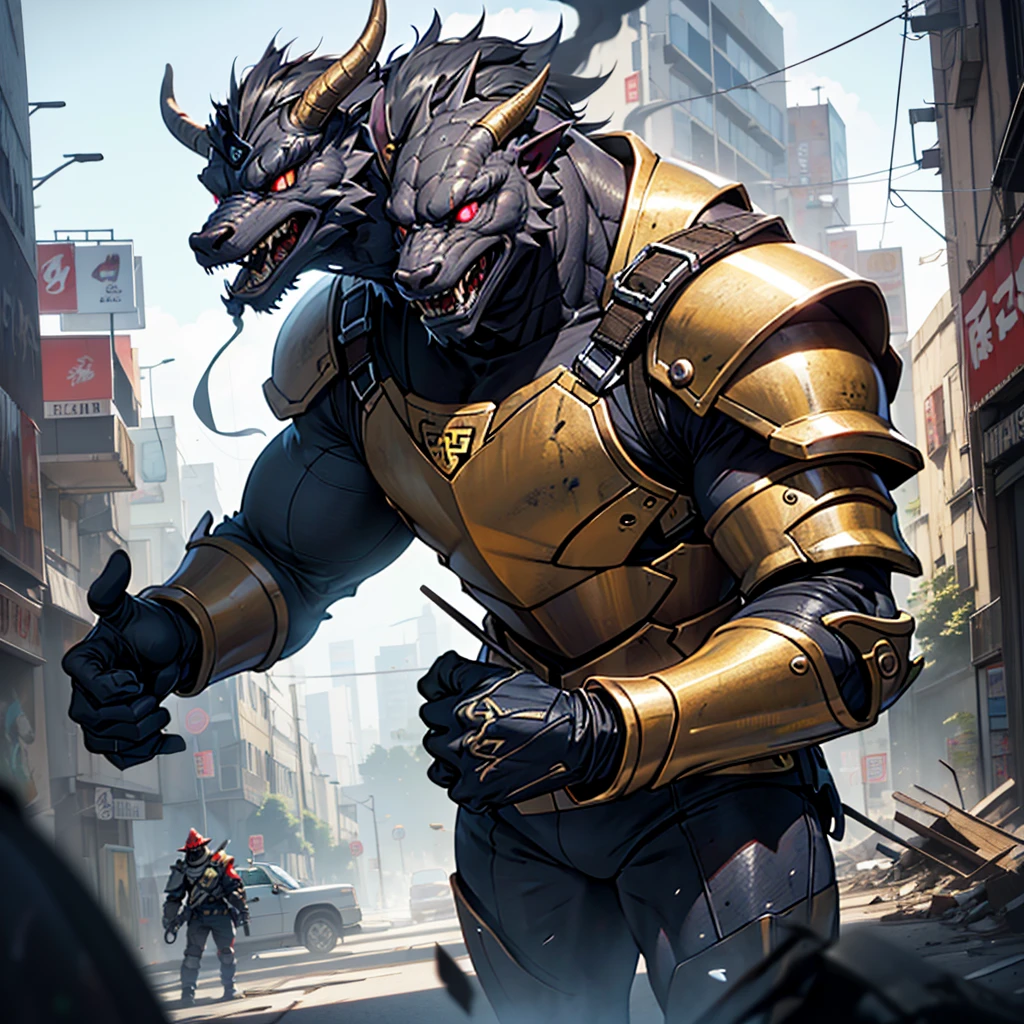 a short male with slicked-back red hair, goatee, beautiful detailed right blue eye, prosthetic left eye with black glass lens and red glowing dot, missing eye replaced, wearing Kaiju 8 black armor with gray and gold accents, modern armor, anime armor, kaiju 8 armor, holding large machine gun, machine gun in both hands, smoking cigar, cigar in mouth, slim facial features, pointy chin, anime style, hair slicked back, standing on debris, Kaiju destroying town, Kaiju gold with blue accents, dramatic lighting, dramatic background, destroyed city, burning city, smoke,(best quality,8k,highres,masterpiece:1.2),ultra-detailed,(realistic,photorealistic,photo-realistic:1.37),HDR,UHD,studio lighting,ultra-fine painting,sharp focus,physically-based rendering,extreme detail description,professional,vivid colors,bokeh,concept art