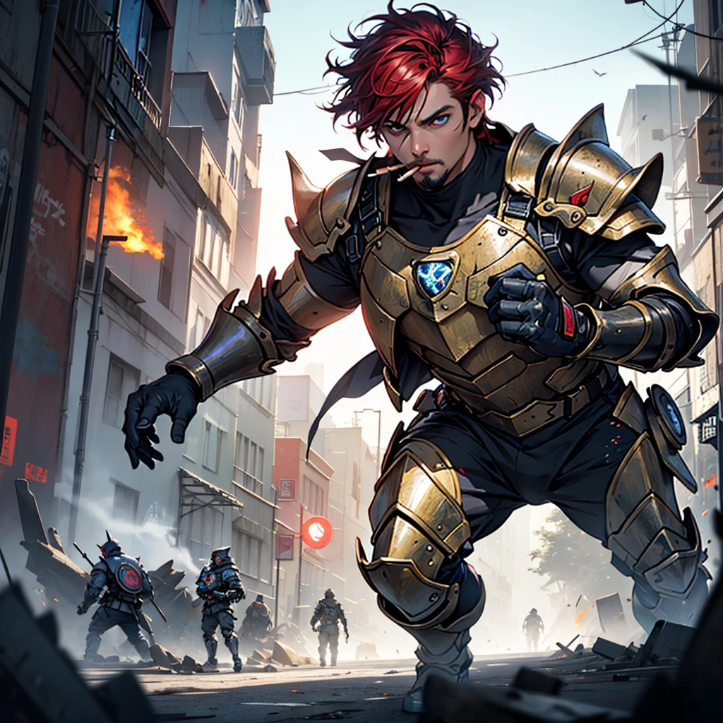 a short male with slicked-back red hair, goatee, beautiful detailed right blue eye, prosthetic left eye with black glass lens and red glowing dot, missing eye replaced, wearing Kaiju 8 black armor with gray and gold accents, modern armor, anime armor, kaiju 8 armor, holding large machine gun, machine gun in both hands, smoking cigar, cigar in mouth, slim facial features, pointy chin, anime style, hair slicked back, standing on debris, Kaiju destroying town, Kaiju gold with blue accents, dramatic lighting, dramatic background, destroyed city, burning city, smoke,(best quality,8k,highres,masterpiece:1.2),ultra-detailed,(realistic,photorealistic,photo-realistic:1.37),HDR,UHD,studio lighting,ultra-fine painting,sharp focus,physically-based rendering,extreme detail description,professional,vivid colors,bokeh,concept art