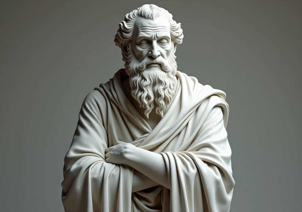 stoicism, motivation, stoic marble statue thinking, setting, robe, long beard, aged, full body, hyper-realistic, 8k, incredible, beautiful, frightening,