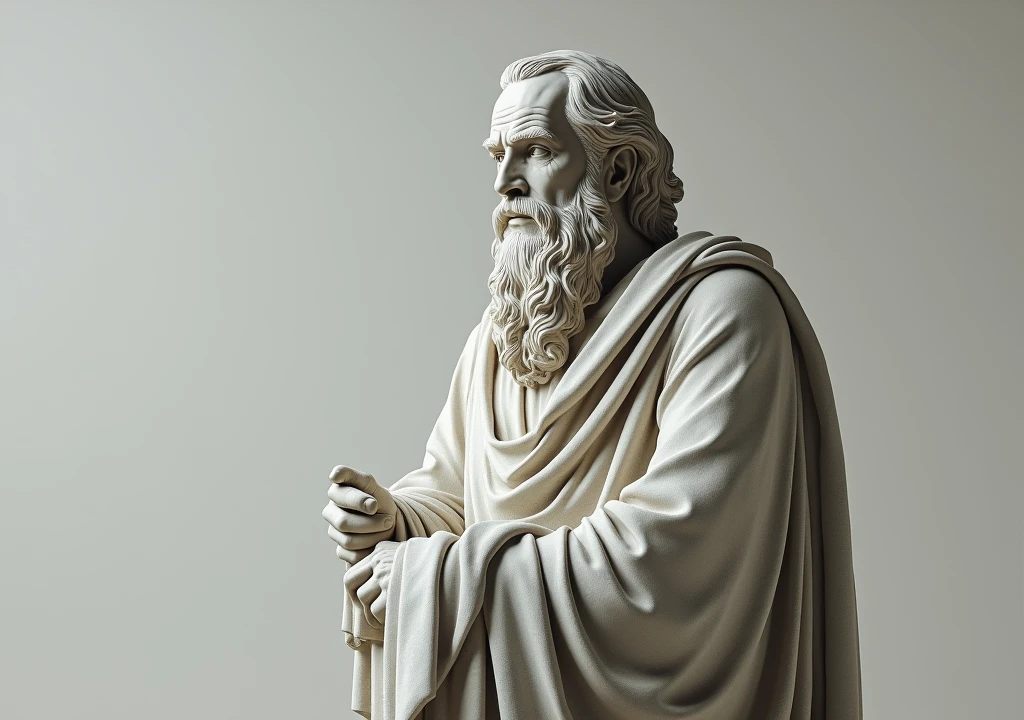 stoicism, motivation, stoic marble statue thinking, setting, robe, long beard, aged, full body, hyper-realistic, 8k, incredible, beautiful, frightening,