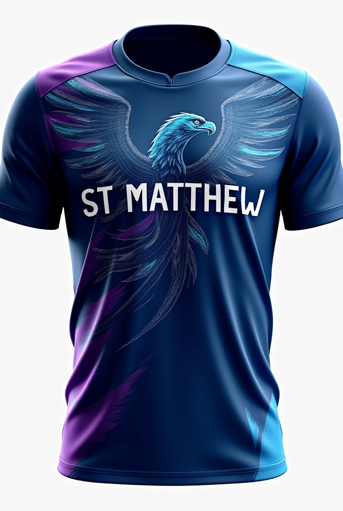 Create a very original jersey design using mainly shades of blue and a little hint of purple. Dont put any logos. Put St Matthew in front (GET THE TEXT CORRECT) and a cool eagle logo. Make the jersey not look only for soccer, but for all other sports. Again, DONT PUT ANY LOGOS OR SYMBOLS. Make the eagle cooler with scratches and make it bigger and in the middle. Dont put logos like nike or adidas
