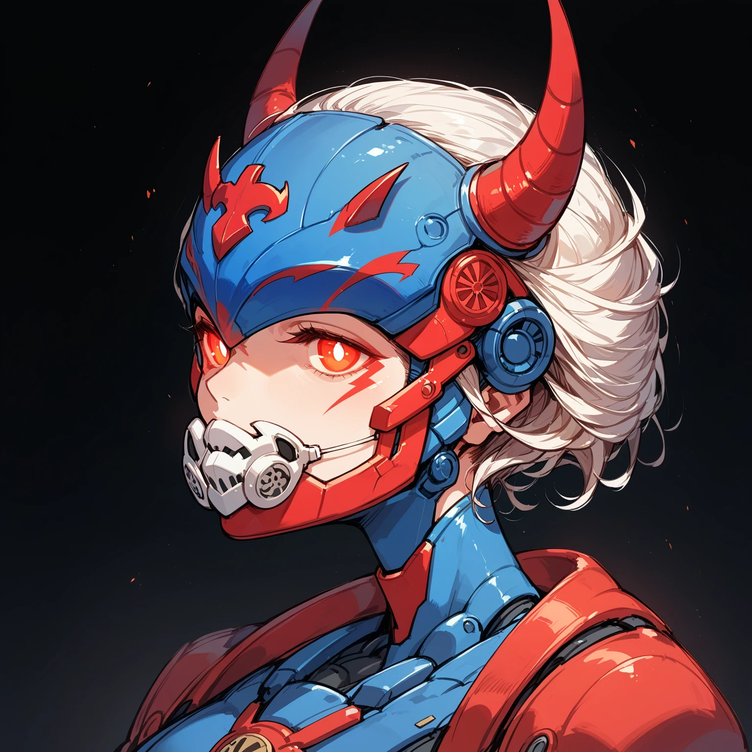 Anime Style,Mechanical Hannya Mask,A woman wearing a Hannya mask,Glowing Eyes、Iron Man Mask,Mask covering the mouth,Protruding horns in the front,Horns growing from the forehead,Japanese-style design