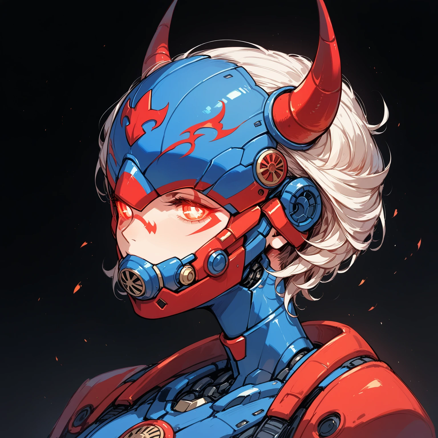 Anime Style,Mechanical Hannya Mask,A woman wearing a Hannya mask,Glowing Eyes、Iron Man Mask,Mask covering the mouth,Protruding horns in the front,Horns growing from the forehead,Japanese-style design