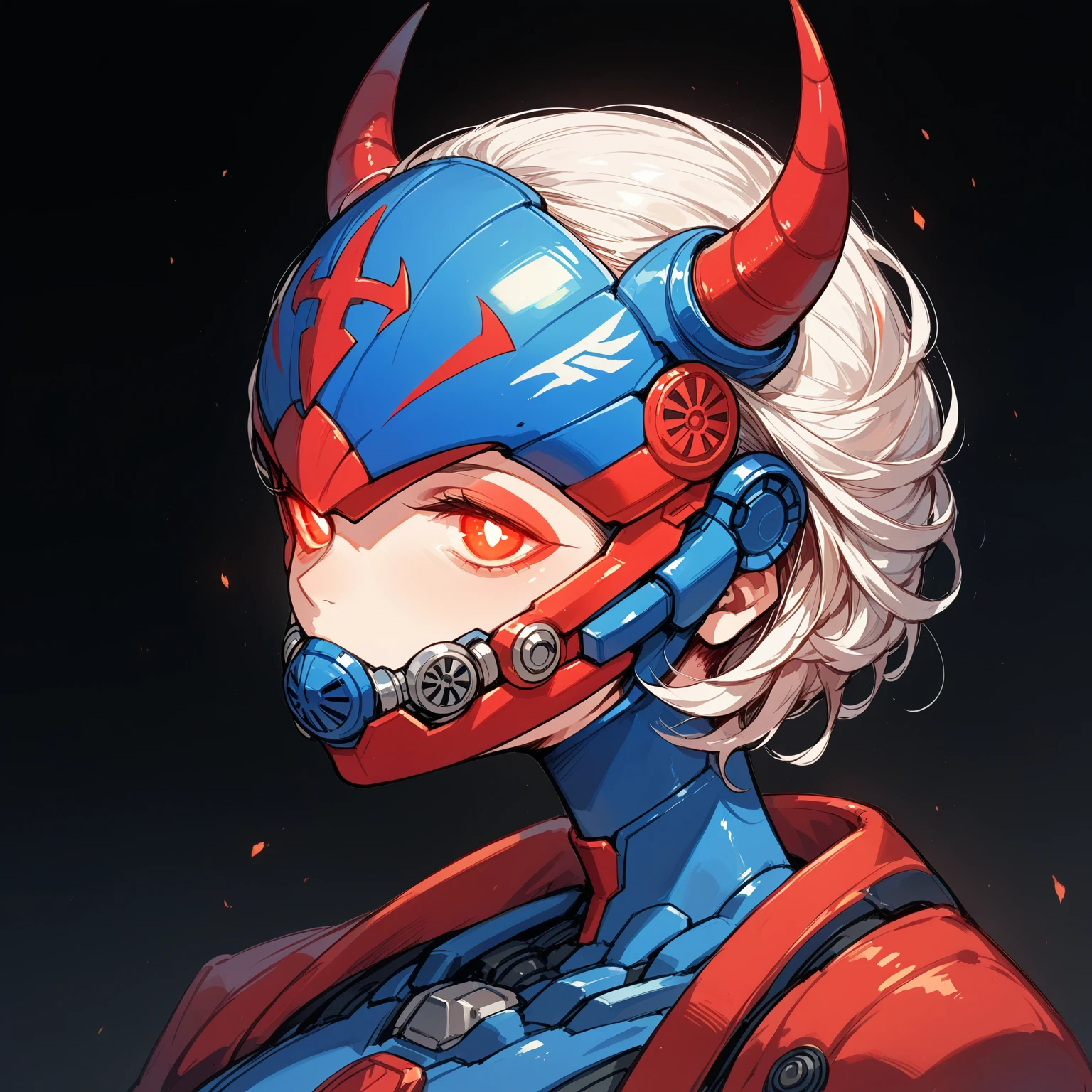 Anime Style,Mechanical Hannya Mask,A woman wearing a Hannya mask,Glowing Eyes、Iron Man Mask,Mask covering the mouth,Protruding horns in the front,Horns growing from the forehead,Japanese-style design