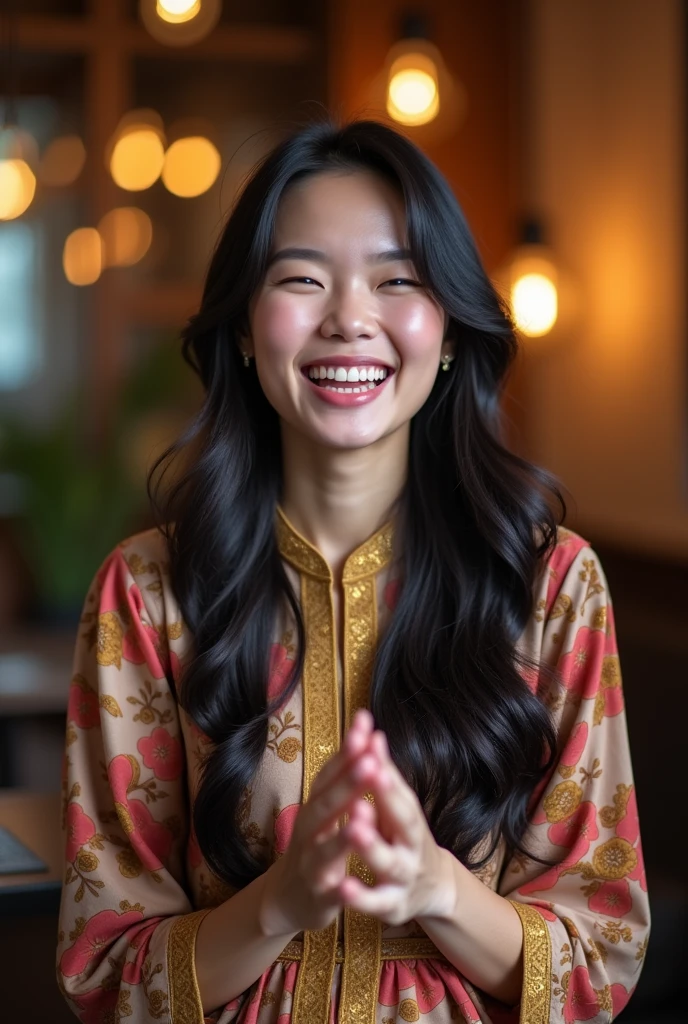 Create a spontaneous candidly capture image of a beautiful Malay woman in her mid-20s, with a radiant smile and expressive eyes, celebrating a moment of pure happiness. She has long, flowing dark hair, and is dressed in a modest yet stylish traditional outfit, like a baju kurung with vibrant colors and intricate patterns. Her spontaneous reaction is captured as she guesses the right keyword, her hands slightly raised in excitement, and her face lit up with joy. The background is softly blurred, highlighting her candid expression in a cozy, warmly-lit indoor setting. The overall mood is lively and authentic, emphasizing the joy of the moment.