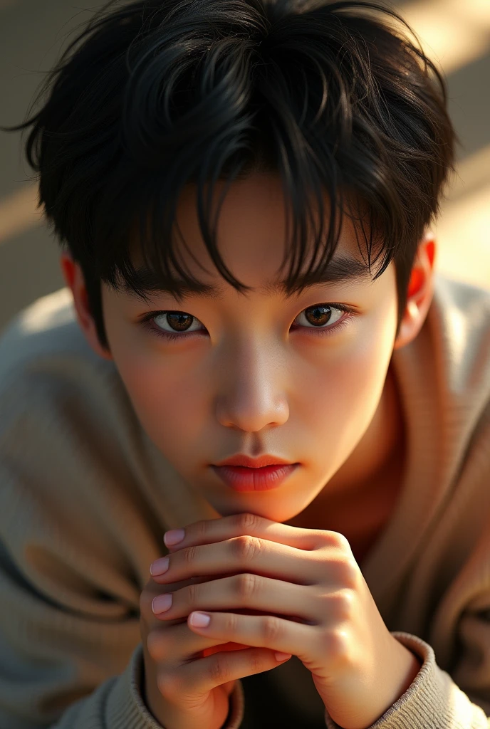 Realistic style, Han Jisung, boy, Asian, detailed face, detailed hands, detailed legs, detailed fingers, detailed hair, detailed eyes, detailed skin, dynamic lighting, (photorealistic: 1.4), 8k UHD, (hyper realistic), (realistic photo), (masterpiece), (best quality), from above