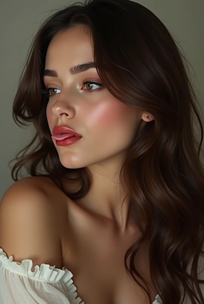 arafed woman with long brown hair blowing a kiss on her lips, lucy hale, thick lips, profile image, pokimane, licking out, small heart - shaped face, hailee steinfeld, cute pout, tongue out, heart shaped face, dua lipa, she has a cute face, kat dennings, isabela moner, pouty lips, covered in cum