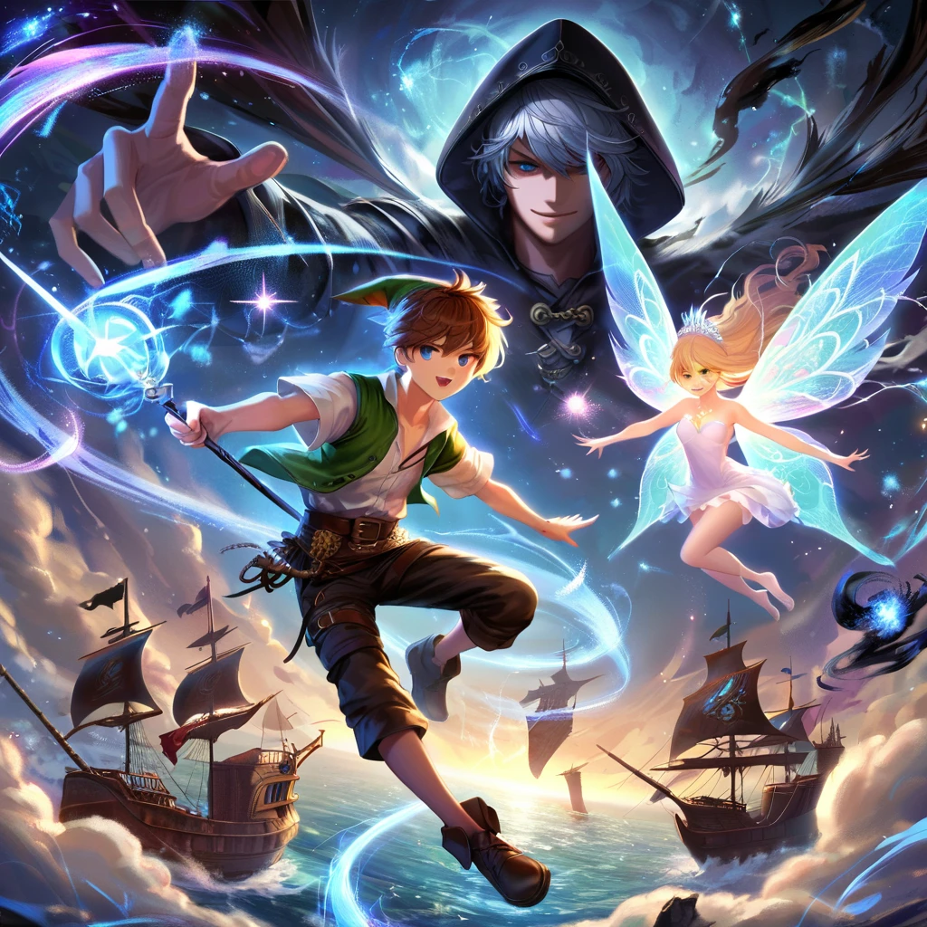 masterpiece, Highest quality, One person, solo, Create an anime-style fantasy artwork of a dynamic sky battle. It features a young boy named Kairis, inspired by Peter Pan, flying through the sky with no wings, holding a magical staff emitting swirling wind and light energy. He is accompanied by a glowing fairy named Luna, radiating iridescent light and surrounded by sparkling particles. Kairis is engaged in a fierce battle against the dark admiral Blackburn, who is a menacing pirate captain with a shadowy claw and a sword in his other hand. Blackburn is surrounded by dark flames and shadowy tendrils that reach out aggressively. The background includes floating islands, swirling clouds, lightning, and Blackburn's dark pirate ship looming in the sky. Magical effects, wind, and energy collide between light and dark forces, creating a powerful, dramatic atmosphere with glowing particles, intense expressions, and sharp contrasts between light and shadow.