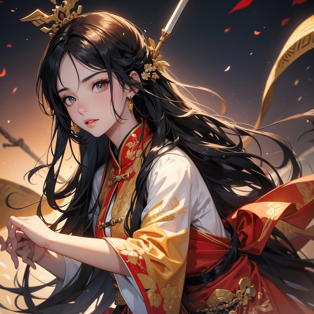A beautiful woman with long black hair, wearing a hairpin, wearing an ancient Chinese general's outfit, holding a long spear, on the battlefield, close up.