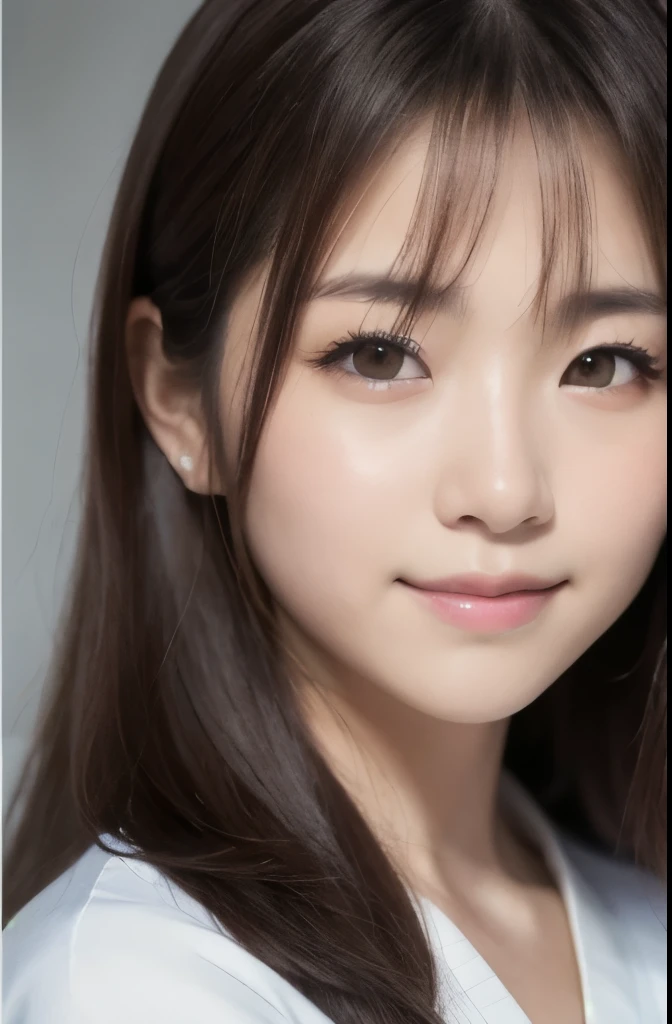 The composition of the face of the passport photo, best quality, face focus, soft light, ultra high res, (photorealistic:1.4), RAW photo,(Shinozaki Ai), white skin, kawaii, 1 Japanese girl, solo, cute, (smile), (pupil, lights in the eyes),  detailed beautiful face, Medium-sized breasts,(high resolution detail of human skin texture),(long hair),(portrait), upper body, white traditional kimono