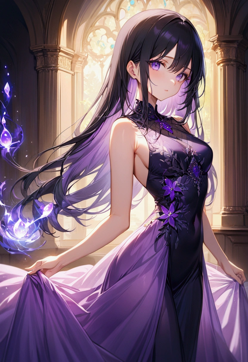 1 Girl, solo, beautiful,long dark blue hair, ponytail, amethyst crystal eyes, royal dress, amethyst crystal necklace, cold gaze, mysterious, royal castle, crystal castle, crystal palace