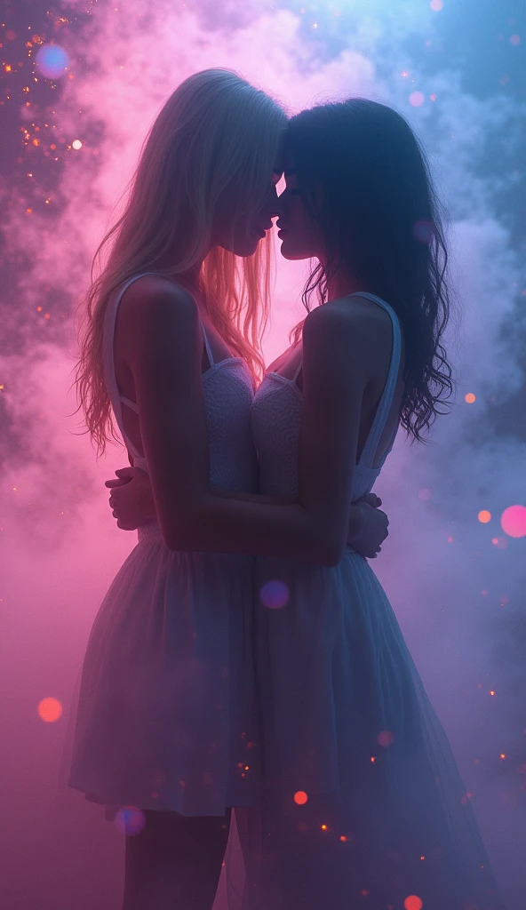 (Mysterious fog:1.5), (Thick Fog:1.2), iridescent, neon dust, shading effects, gradation magic effects, foggy filter effects, glitter effects, graphic CG digital art, Two young women kissing, A woman with long blonde hair and a woman with short black hair