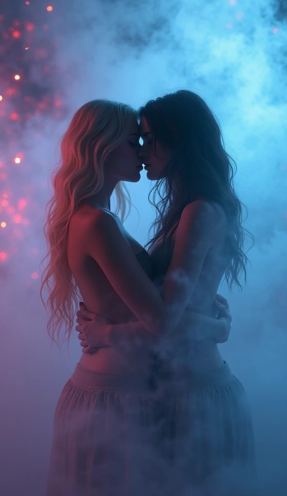 Two beautiful women wearing nothing but chokers and having perfect bodies kissing on their knees on a bed, One woman is blonde and the other has brunette hair , tattooed, both wear choker collars, red and turquoise lights in the background, Hungry expressions, wide-angle