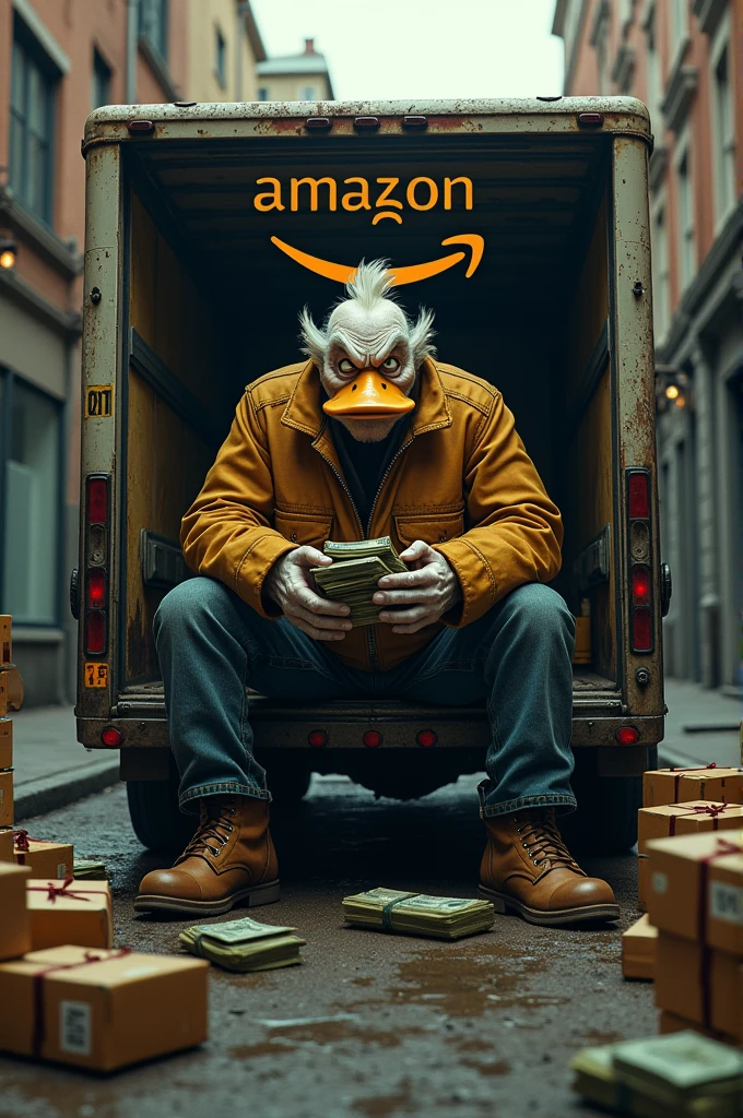 I want you to portray Scrooge McDuck as a gangster sitting in an Amazon truck, the door open, and he's looking into the camera, holding a few bundles of money in his hand. On the truck, it says 'CaliZon Prime' in big letters in Amazon colors. That absolutely has to be visible, so you should see the whole truck with the 'CaliZon Prime' logo. That should be the main feature. Also, a few kilo packages of cannabis and hashish. The drug packages should be packaged. In the background, there are run-down houses and junkies. 