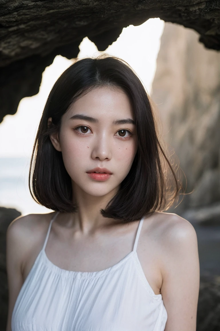 A superb exquisite real beautiful girl, natural straight hair, extremely delicate, straight facial features, peerless beautiful girl, soft, dreamy quality, light white and dark brown, exaggerated facial features, solid color, frank holly, delicate face, bright lips slightly open, slender waist, soft curves, camisole shirt, real light and shadow, super fine, 4k, natural moving, realistic, Ultra high resolution,(at the seaside cave:1.4), (nsfw:1.4)