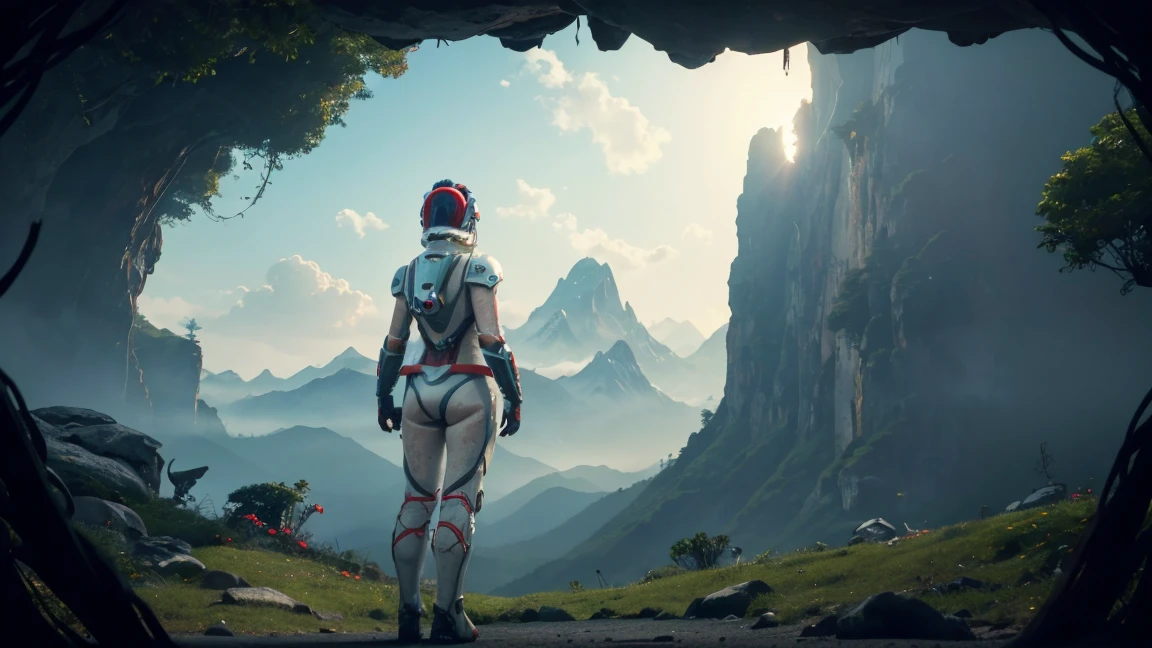 (35mm style:1.2), Highly detailed RAW color photo, woman Perfect back angle, full body, of (Female space marine, wearing sexy white and red space suit, futuristic helmet, dyed face shield, rebreather, sharp booty) , outdoors, (standing on Precipice of tall rocky mountain, looking at the verdant and magical rainforest on the alien planet), Vivid details, (Exotic alien planet), Perfect toned body, perfect big ass, (sci-fi), (mountains:1.1), (verdant vegetation), (two moons in the sky:0.8), (Highly detailed, hyper-detailed, Intricate), (lens flare:0.7), (Bloom:0.7), particle effects, ray tracing , cinematic lighting, shallow depth of field, photographed on a Sony a9 II, 35mm wide-angle lens, sharp focus, cinematic still from Gravity 2013, seen from behind, Dynamic Angle