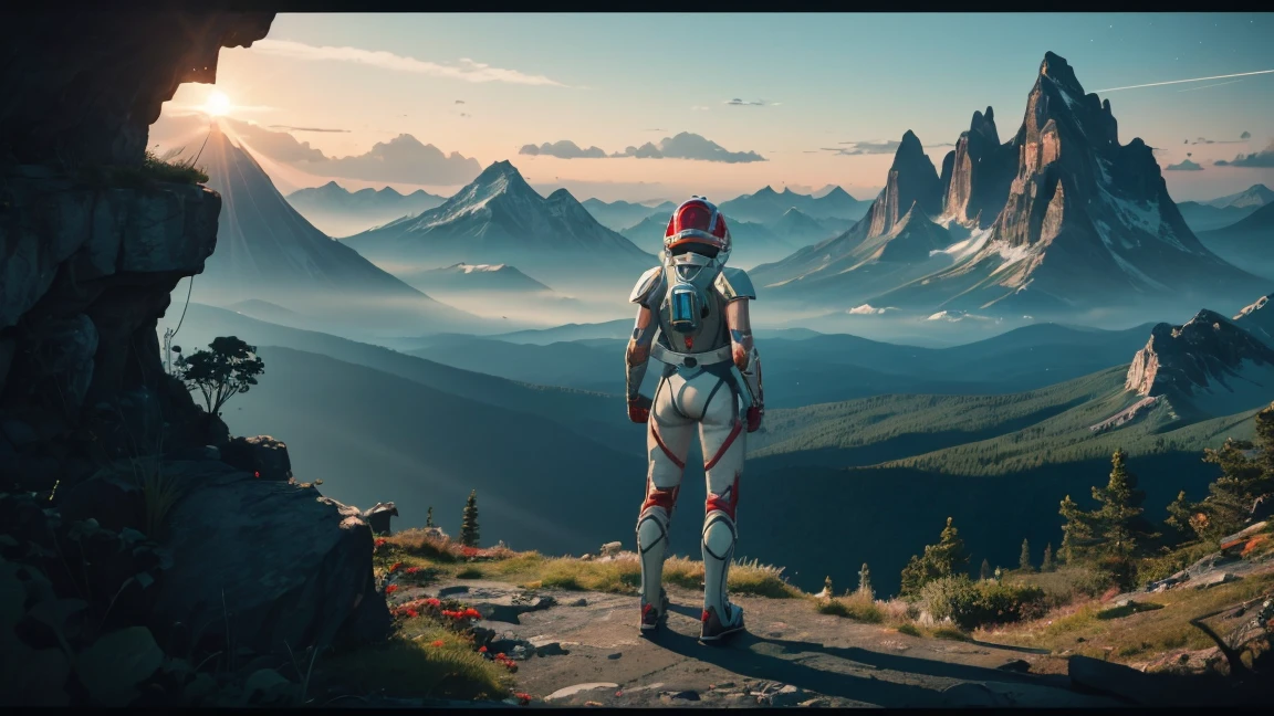 (35mm style:1.2), Highly detailed RAW color photo, woman Perfect back angle, full body, of (Female space marine, wearing sexy white and red space suit, futuristic helmet, dyed face shield, rebreather, sharp booty) , outdoors, (standing on Precipice of tall rocky mountain, looking at the verdant and magical rainforest on the alien planet), Vivid details, (Exotic alien planet), Perfect toned body, perfect big ass, (sci-fi), (mountains:1.1), (verdant vegetation), (two moons in the sky:0.8), (Highly detailed, hyper-detailed, Intricate), (lens flare:0.7), (Bloom:0.7), particle effects, ray tracing , cinematic lighting, shallow depth of field, photographed on a Sony a9 II, 35mm wide-angle lens, sharp focus, cinematic still from Gravity 2013, seen from behind, Dynamic Angle