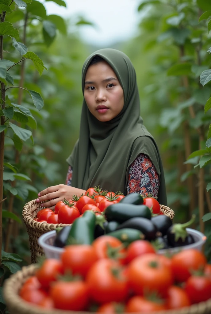 a 17 year old woman wearing a long hijab, well-groomed white skin, eyes focused ahead, in the middle of a plantation full of various kinds of fruit, there are tomatoes, chilies, eggplants picked and put in a transparent plastic basket, the texture of the fruit looks authentic, there are also the fruit is put in a bamboo basket, 4k photography, connection, joy of awakening, orchard, art contest winner, excellent photo quality, traditional Indonesian garden, 1024×1024