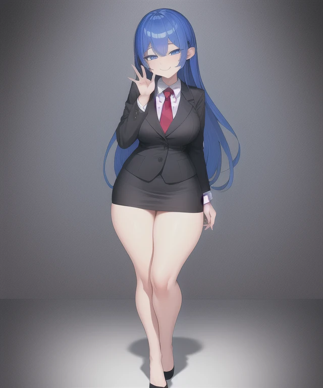 adult woman, solo, long royal blue hair, hair bangs, standing, black blazer, white shirt, red tie, black pencil skirt, busty, thick thighs, wide hips, big soft thighs, shapely legs, black high heels, full body shown, white background,simple eyes, long fingernails, thick thighs pressed together, smug face, smug, smirk, teasing, blue eyes, entire body shown, hand to own face