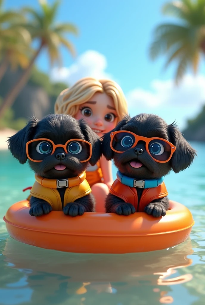 2 adorable black shih tzu puppies, big ble eyes wearing colorful collars, life jackets and sunglasses, cute blonde girl, extremely detailed, beautiful detailed eyes, beautiful detailed lips, longeyelashes, wearing sunglasses, floating on raft, 3D Pixar style, at beach, photorealistic, (best quality,8k,highres,masterpiece:1.2),ultra-detailed,(realistic:1.37),HDR,vivid colors,studio lighting