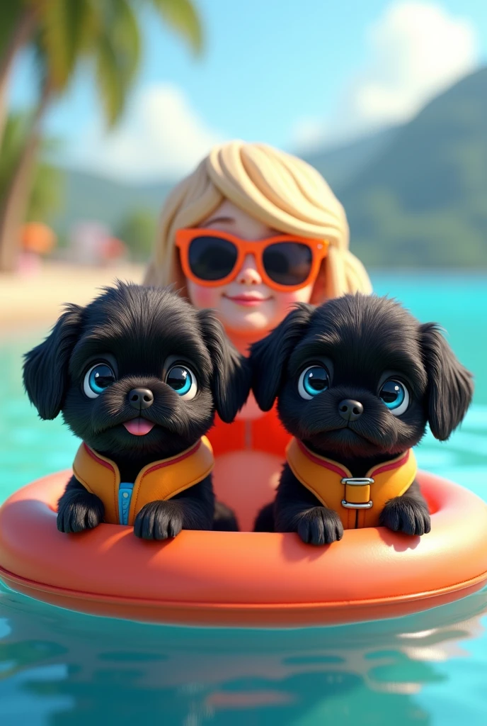 2 adorable black shih tzu puppies, big ble eyes wearing colorful collars, life jackets and sunglasses, cute blonde girl, extremely detailed, beautiful detailed eyes, beautiful detailed lips, longeyelashes, wearing sunglasses, floating on raft, 3D Pixar style, at beach, photorealistic, (best quality,8k,highres,masterpiece:1.2),ultra-detailed,(realistic:1.37),HDR,vivid colors,studio lighting