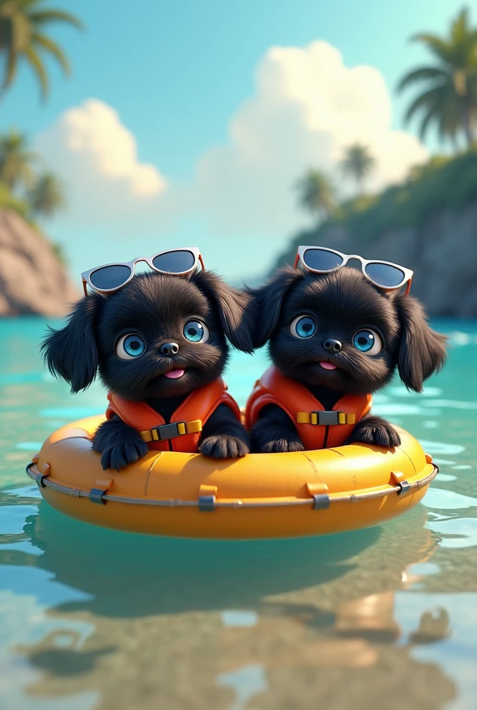 2 adorable black shih tzu puppies, big ble eyes wearing colorful collars, life jackets and sunglasses, cute blonde girl, extremely detailed, beautiful detailed eyes, beautiful detailed lips, longeyelashes, wearing sunglasses, floating on raft, 3D Pixar style, at beach, photorealistic, (best quality,8k,highres,masterpiece:1.2),ultra-detailed,(realistic:1.37),HDR,vivid colors,studio lighting