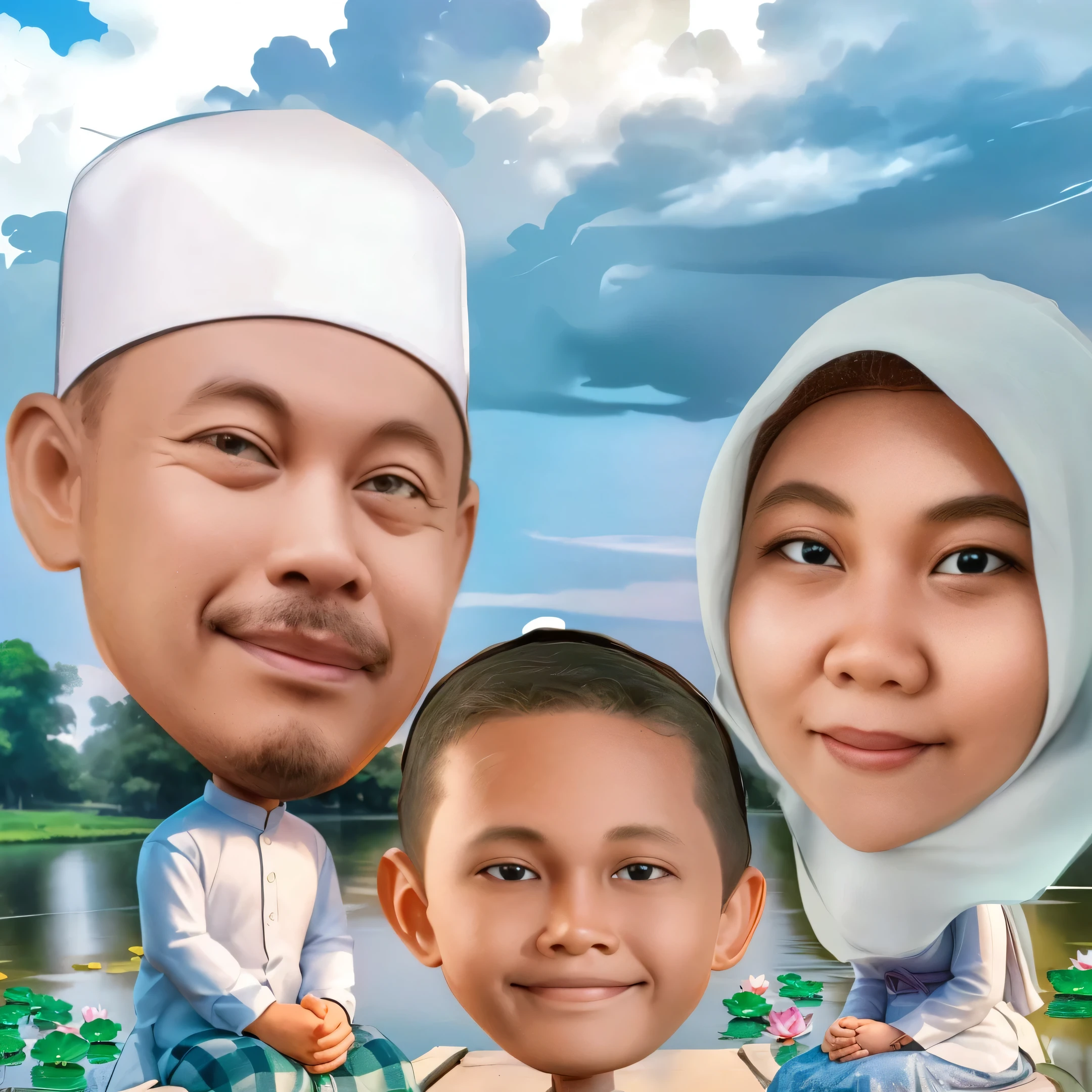 3D Cartoon, big head, Family, father and mother sitting and son standing, background of lake with lotus flowers in the water, beautiful clouds and sky, , Smile, beautiful hair, 3D render, 3D Cartoon, big head, cartoonish look, high resolution, super detail, soft lighting