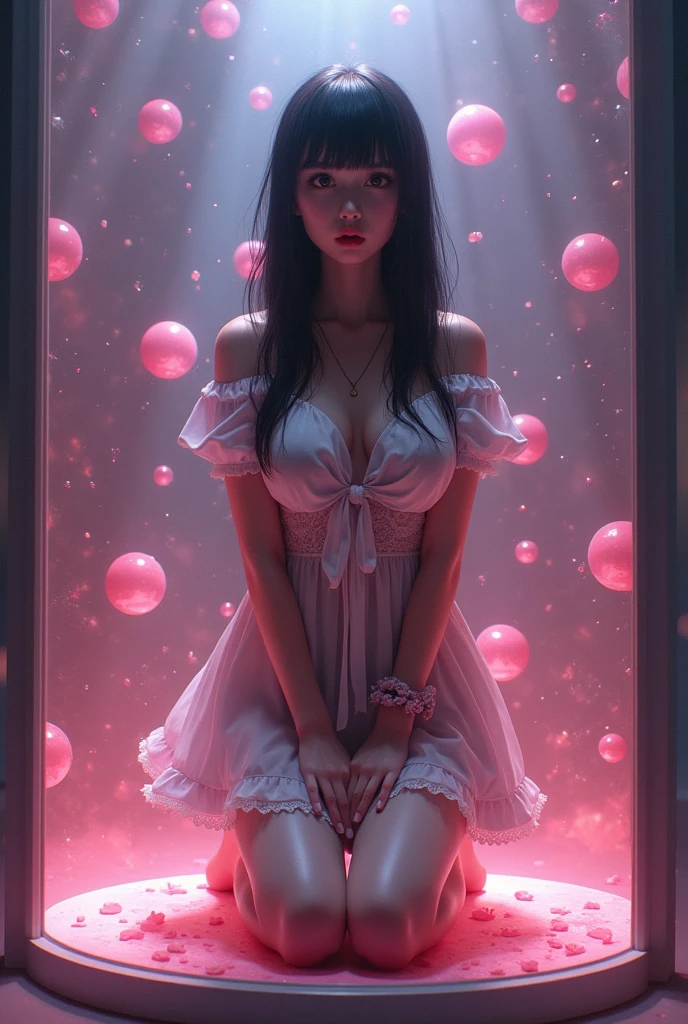 {{{{{3,318 trillion pixels high resolution, nsfw, Realistic scenery and lovely girl, In this scene the heroine is chosen as a human pillar and sealed in a kneeling posture with her legs spread in an M-shape where she is raped endlessly while staring blankly into the void, A full whipped deep cleavage rapidly emerged, the charm she exudes spurs forces her to lift her legs and open her legs and continues to fuck, thicken the lips look pretty, Boobs are fluffy and bouncy, Tits that get rounder bigger her deep tight cleavage}}}}},{{{{{A neat girl who stands on her knees and opens her crotch traces her crotch with her fingertips and with a faint moan experiences her first climax and becomes a little more mature and innocent masturbator, Higher concentrations of female hormones in the tank will make her moan all the more as much as she wants, white cheeks, The moment when the eyes of the heroine's girl are replaced with kaleidoscopic irises, magical in a romantic Cylindrical crystal herbarium showcase filled with female hormone, Herbarium-soaked her tits become so plump that they break the blouse of an even smaller-sized girl and her hair grows longer and sexier while she still looks like a girl, Cuteness preserved forever shining in exchange for life from her, wearing cute ribbon blouse and skirt, frills scrunchie on her wrist, her beautiful slender underbust, slender curvy cute waistline, an lewd fetish for lips and necks and waistlines, her clearer nip line from underbust to hips, gloomy straight black wig, thick vivid lips}}}}},{{Extremely detailed}},{{{{{heroine girl's Sexually unused body with pure and innocent aura}}}}}