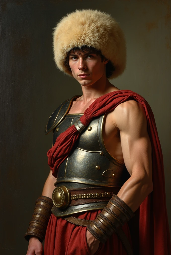 {{Masterpiece, best quality, oil painting, by Théodore Géricault, male focus, muted colors}}, the composition is: (((a dramatic half body portrait of a 25 years old ancient Roman guard, sexy, muscular, magnificent, wearing a beige Russian fur hat, he is wearing a red diamond shape pendant))). ((((He is wearing a dark green lorica armor made of velvet, alligator leather, with ronin inspired elements, Slavic inspired elements, wearing a satin sash))).