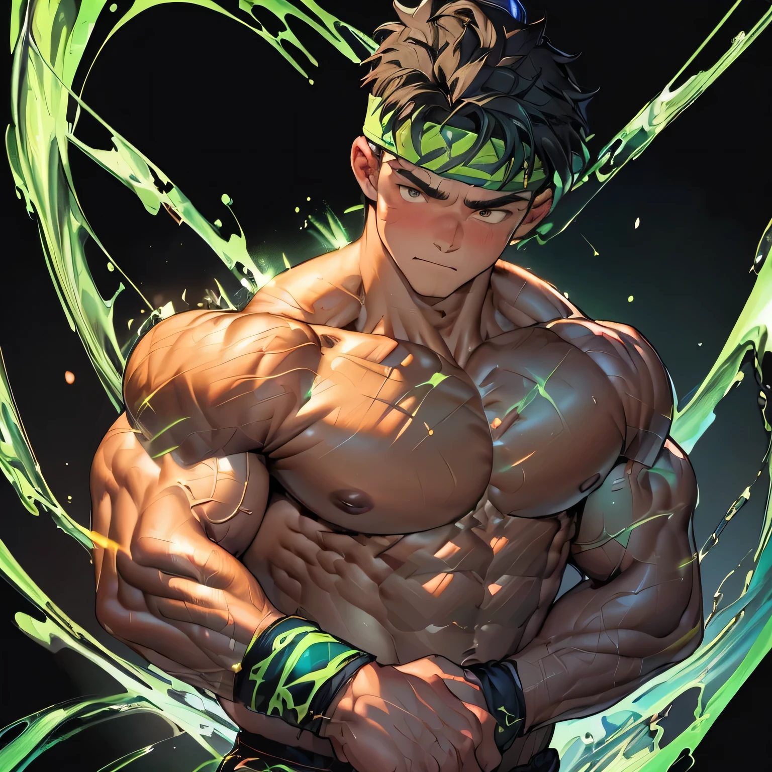 ((masterpiece, best quality)), (((((black background, deep night, on the glassland, upper body))))), (19 year old boy, worm eyes, Young boy, muscler, Shirtless, topless), ((((1boy, tough, reliable)))), (Dark Short straight hair, ((almost completely shaved hair)), under cut, brown eyes), (((red headband, black wristband, Roman gladiator costume))), Vivid colors, ((big breast:1.2, big shoulder:1.2, muscular body, sturdy body, defined round and fleshy pecs, defined round and fleshy ABS, defined round and fleshy armsmuscular:1.2, well-defined muscles, developed body, toned weist, shouldermuscler:1.2)), muscler!, muscler body, detailed face, detailed muscle, (((rippling muscles, athletic body, blue and green aura effect, wearing aura stream, random_pose:1.2)))