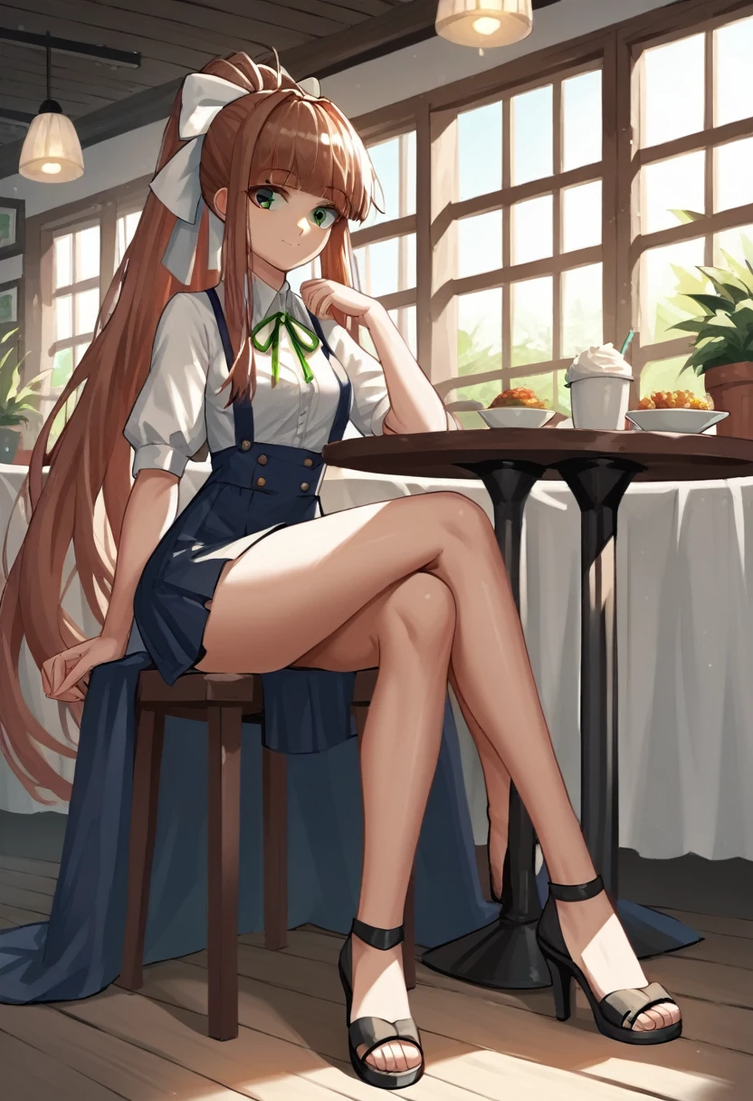 score_9, score_8_up, score_7_up, score_6_up, score_5_up, score_4_up, source_anime, 1girl,ddlcmonika, ddlcmonika, blunt bangs, brown hair, (green eyes:1.5), long hair, ponytail, ribbon, white ribbon, hair ribbon, sidelocks, messy hair, white shirt, skirts, high heels, black sandals, crossed legs, skinny legs, looking at the viewer, cafe, sit, table, best quality, best res, 4K UHD,
