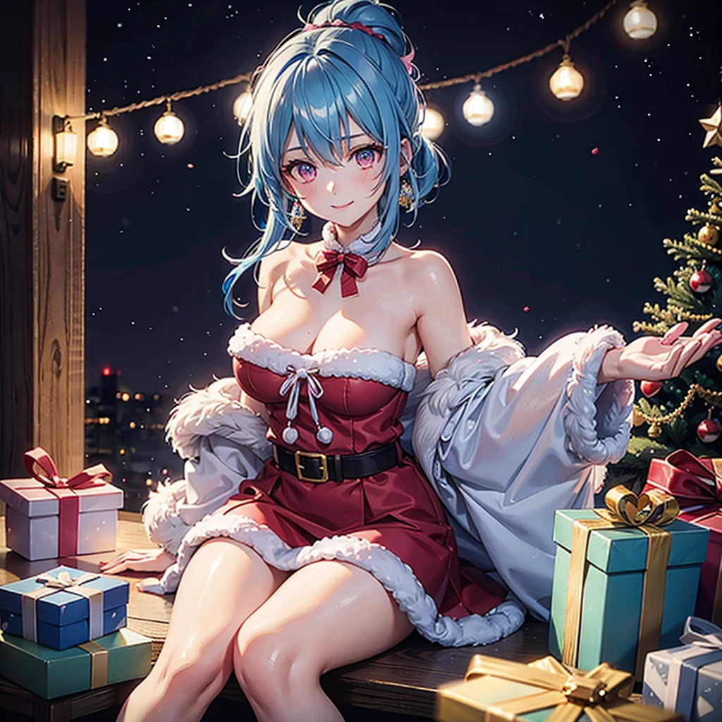 (Sky blue hair tied in a single strand),(Pink Eyes),Fair Skin,Full Body,Alone,smile,Santa Claus Clothes,Giant Christmas Tree in the Background,Snowy Night,Sparkling Night Sky,gift box,(Masterpiece, Top Quality, Very Detailed), Best Shadows,Detailed Background,Beautifully Detailed Face,High Contrast,Best Lighting, Very Delicate and Beautiful,Cinematic Light,Hyper Detail,8k,Dramatic Light,Exquisite Detail,Christmas colors,