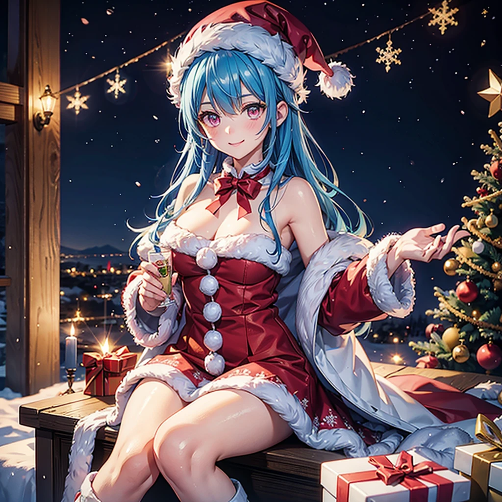 (Sky blue hair tied in a single strand),(Pink Eyes),Fair Skin,Full Body,Alone,smile,Santa Claus Clothes,Giant Christmas Tree in the Background,Snowy Night,Sparkling Night Sky,gift box,(Masterpiece, Top Quality, Very Detailed), Best Shadows,Detailed Background,Beautifully Detailed Face,High Contrast,Best Lighting, Very Delicate and Beautiful,Cinematic Light,Hyper Detail,8k,Dramatic Light,Exquisite Detail,Christmas colors,