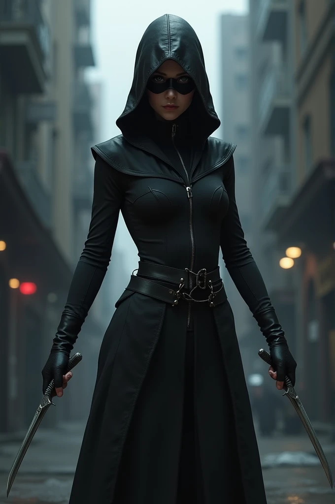A girl wearing assassin suit with having two swords in her hand standing with also a mask